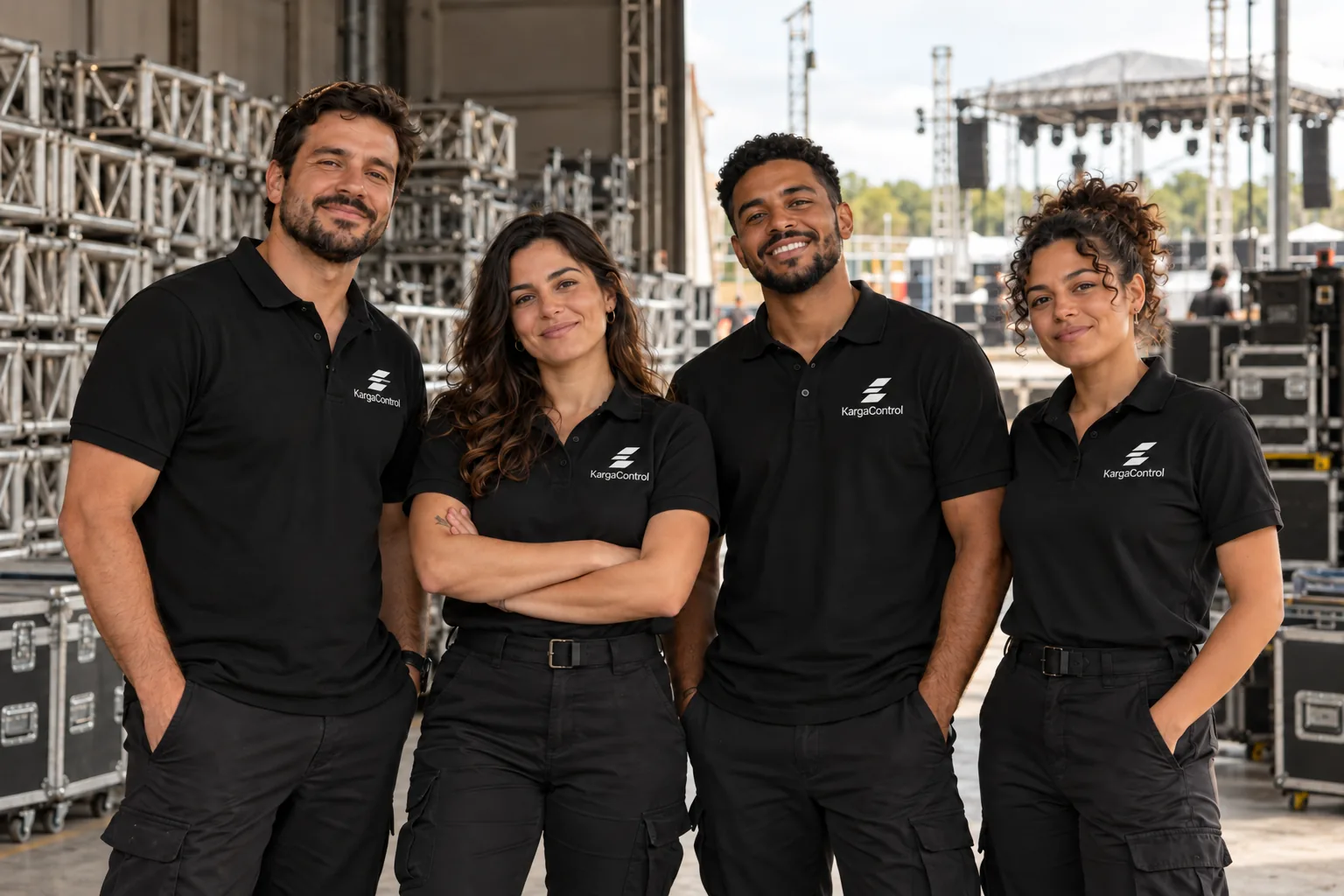 Equipe fictícia de quatro pessoas com camisetas pretas e a logo branca do KargaControl em um galpão de estruturas para eventos.